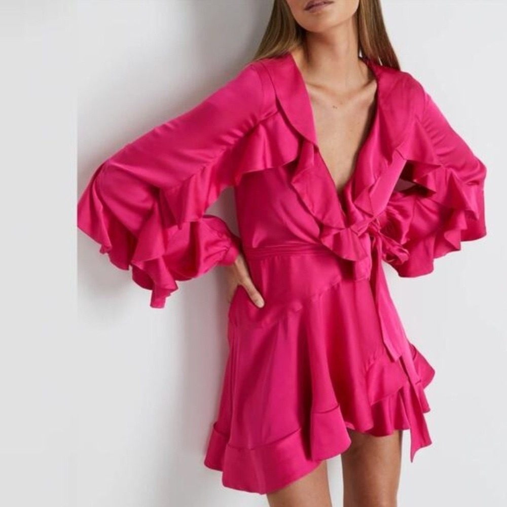 PatBO NWT Ruffle Sleeve Mini Wrap Dress Flamingo Pink Satin- Size 8